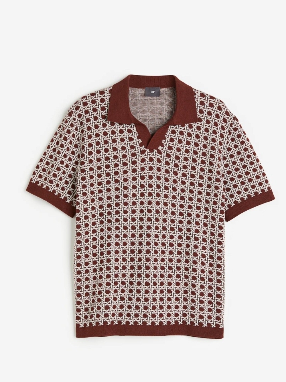 H&M Men's Burgundy & White Geometric Knit Polo